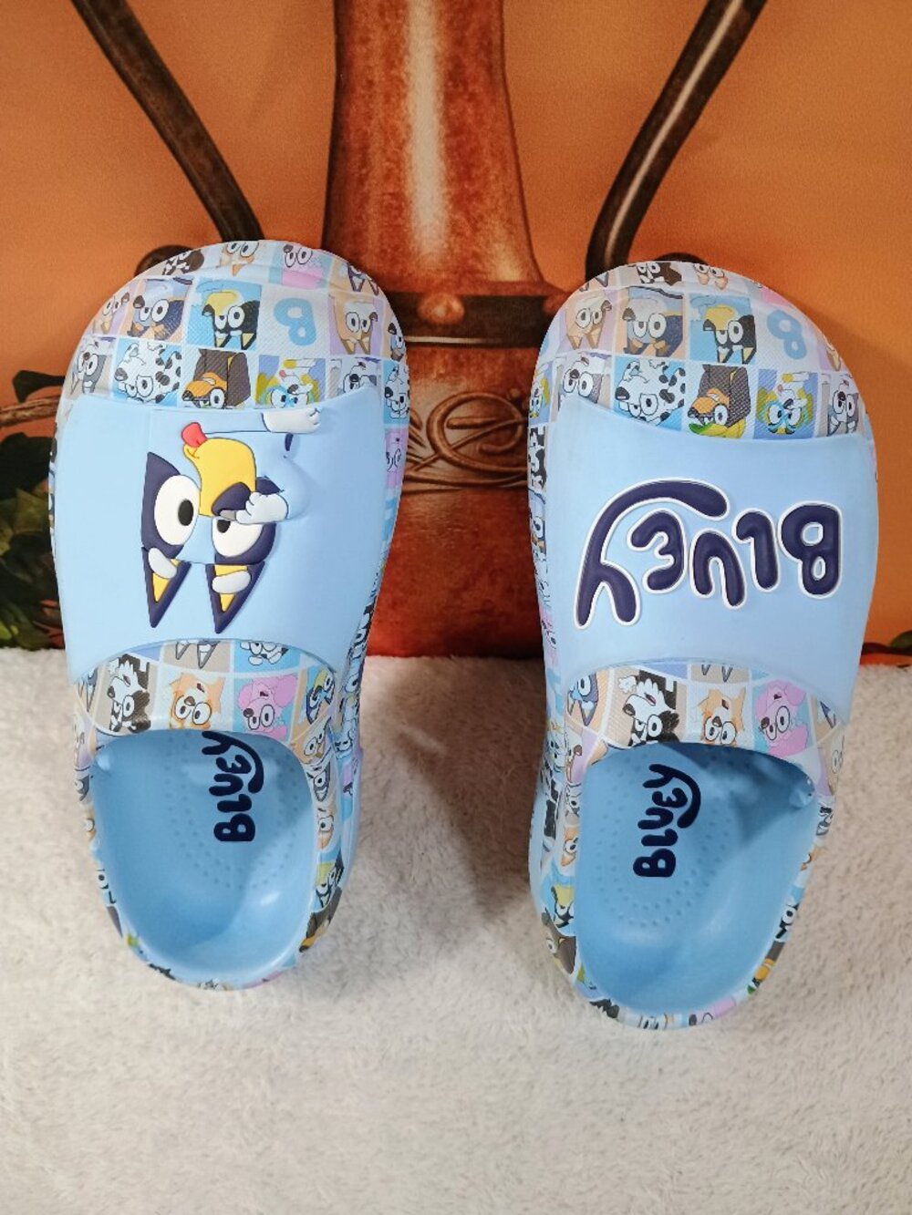 EUC Bluey 11/12 Toddler Light Blue Multi Character Comic Clog Sandals Shoes